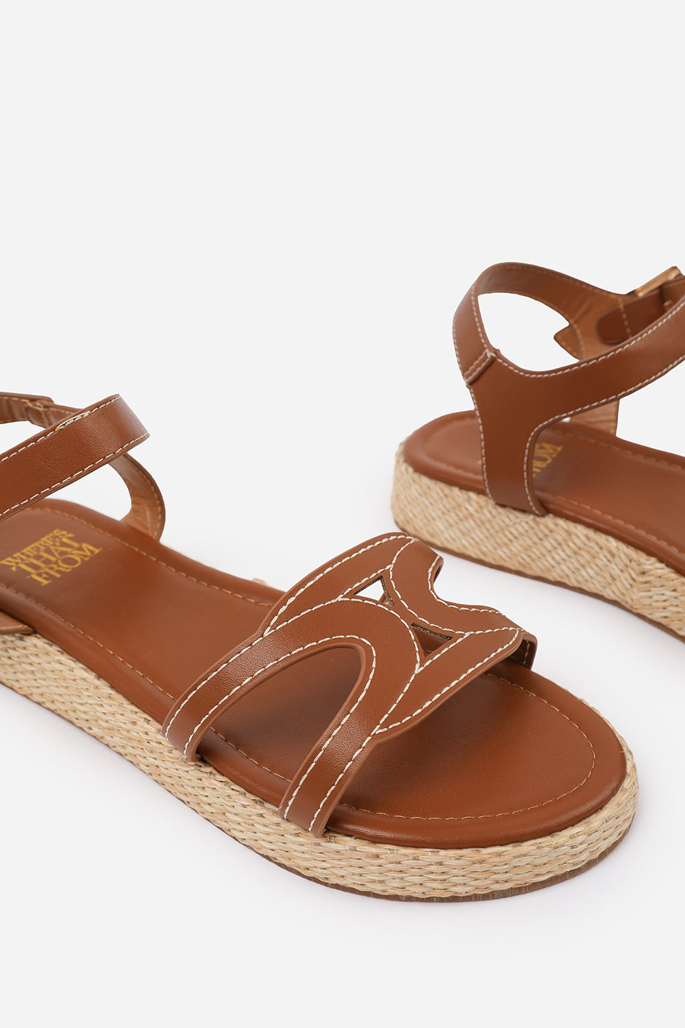 SOFIA FLATFORM SANDAL WITH STYLISH CUT STRAP DETAIL IN TAN FAUX LEATHER