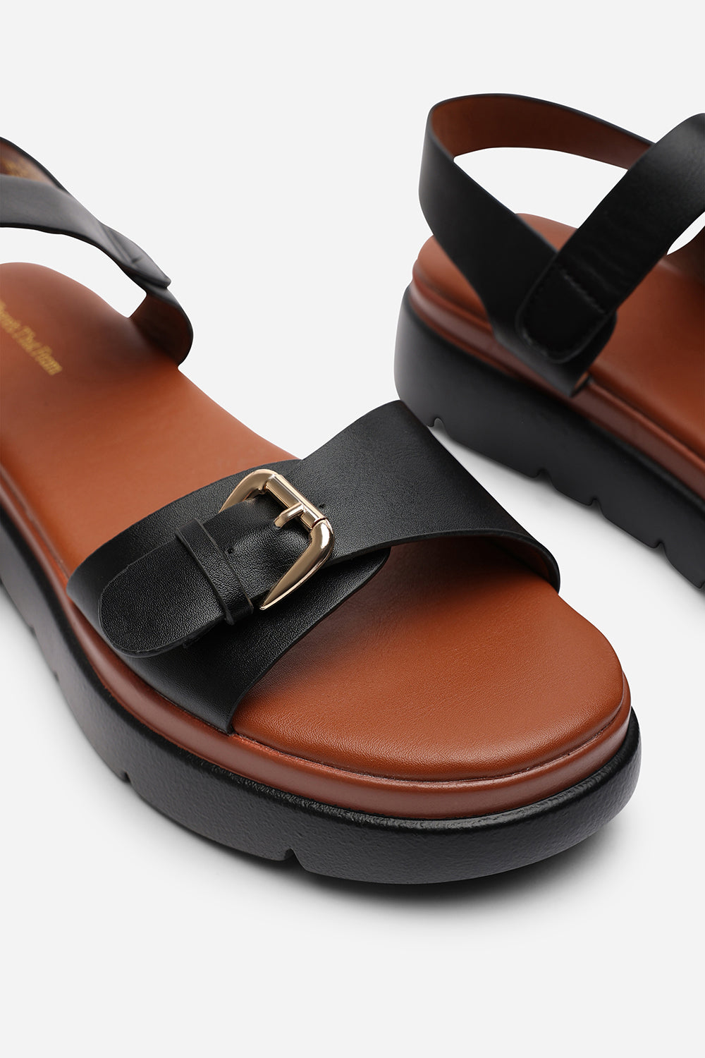 Mirena Black Chunky Platform Double Strap Sandals