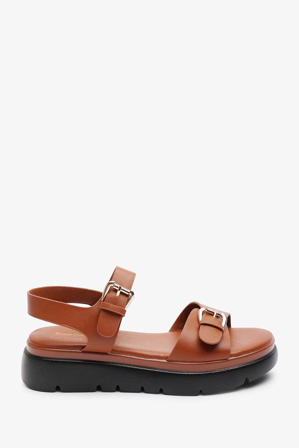 ALLISON CHUNKY BUCKLE STRAP SANDAL IN TAN FAUX LEATHER