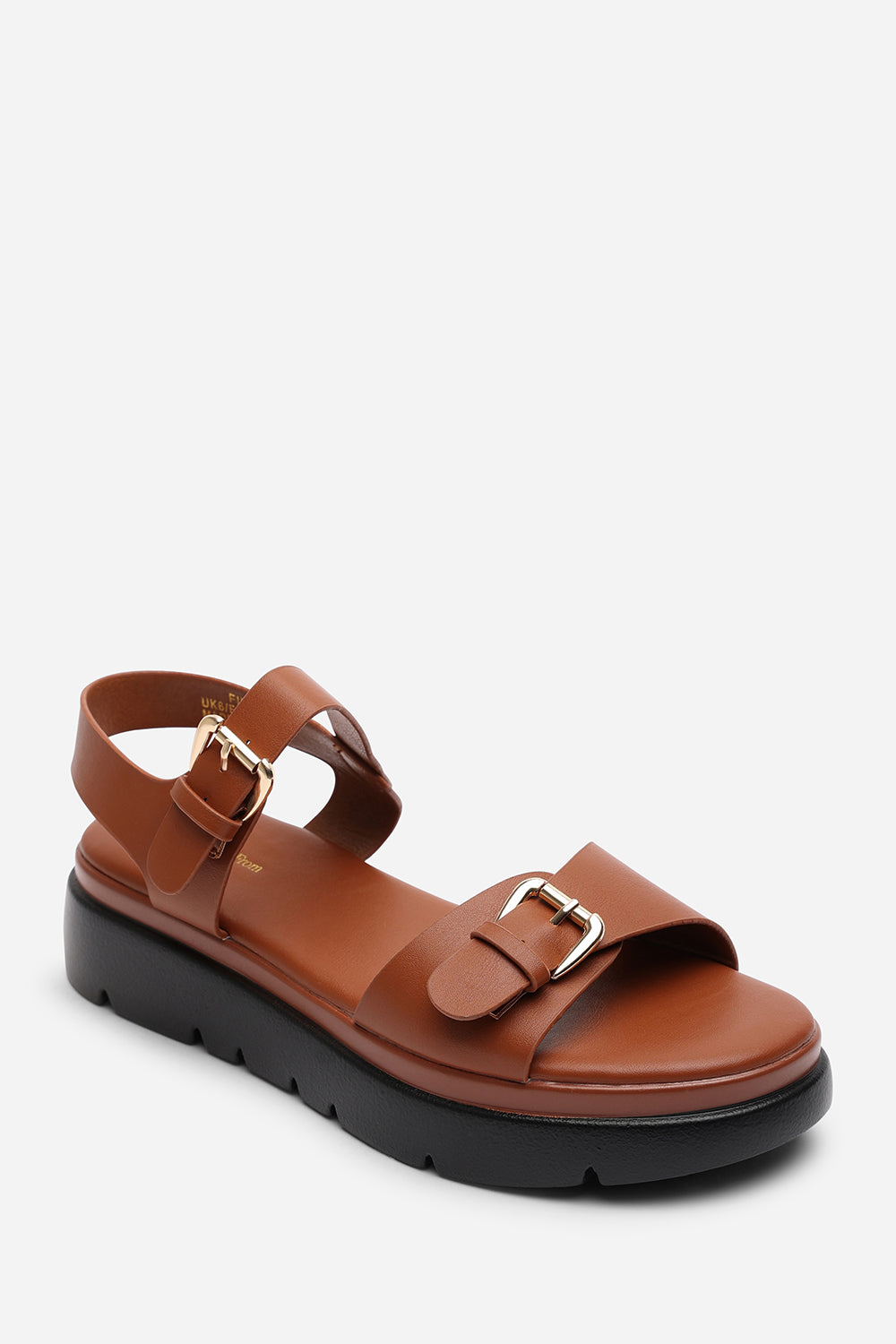 ALLISON CHUNKY BUCKLE STRAP SANDAL IN TAN FAUX LEATHER