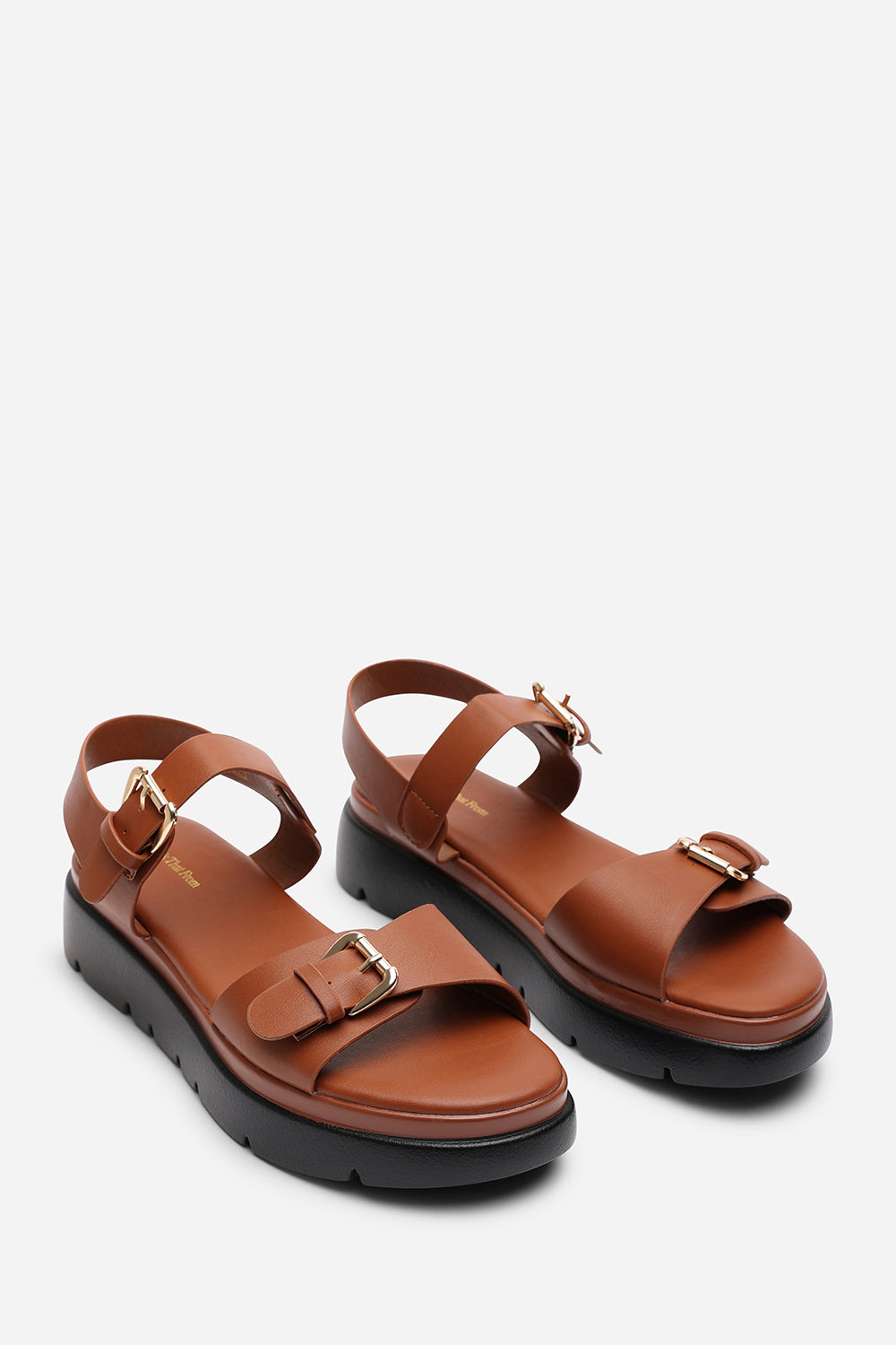 ALLISON CHUNKY BUCKLE STRAP SANDAL IN TAN FAUX LEATHER