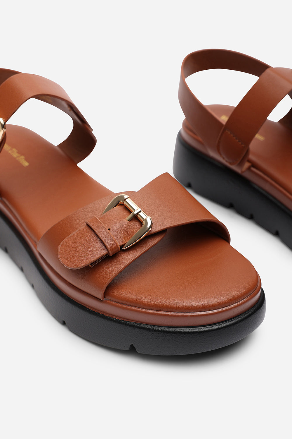 ALLISON CHUNKY BUCKLE STRAP SANDAL IN TAN FAUX LEATHER