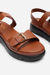 ALLISON CHUNKY BUCKLE STRAP SANDAL IN TAN FAUX LEATHER