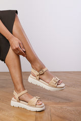 ANGELA CHUNKY DOUBLE BUCKLE SLINGBACK SANDAL IN BEIGE RAFFIA