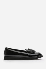 Cireya Extra Wide Fit Black Patent Bow Detail Slip On Loafers