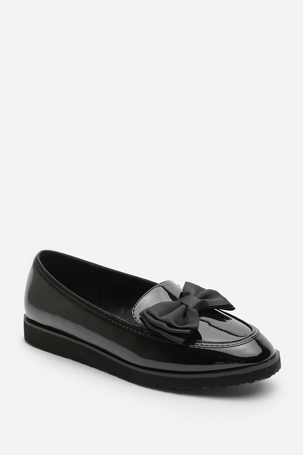 Cireya Extra Wide Fit Black Patent Bow Detail Slip On Loafers