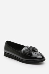 Cireya Extra Wide Fit Black Patent Bow Detail Slip On Loafers