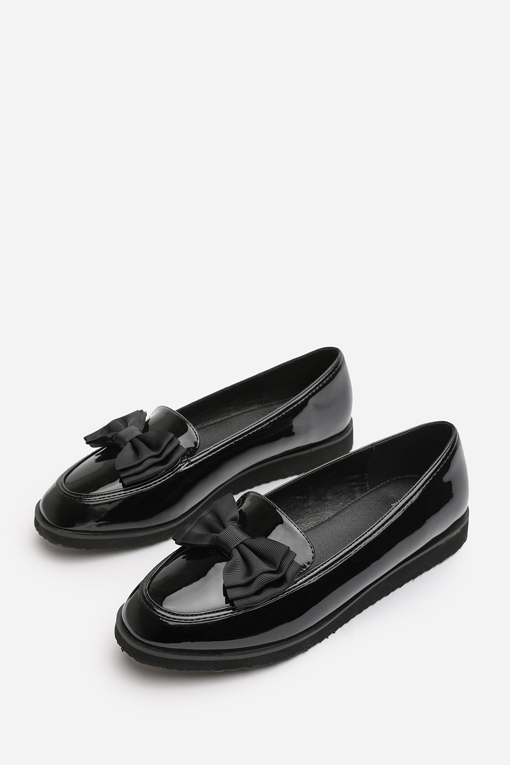 Cireya Extra Wide Fit Black Patent Bow Detail Slip On Loafers