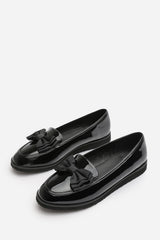 Cireya Extra Wide Fit Black Patent Bow Detail Slip On Loafers