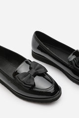 Cireya Extra Wide Fit Black Patent Bow Detail Slip On Loafers
