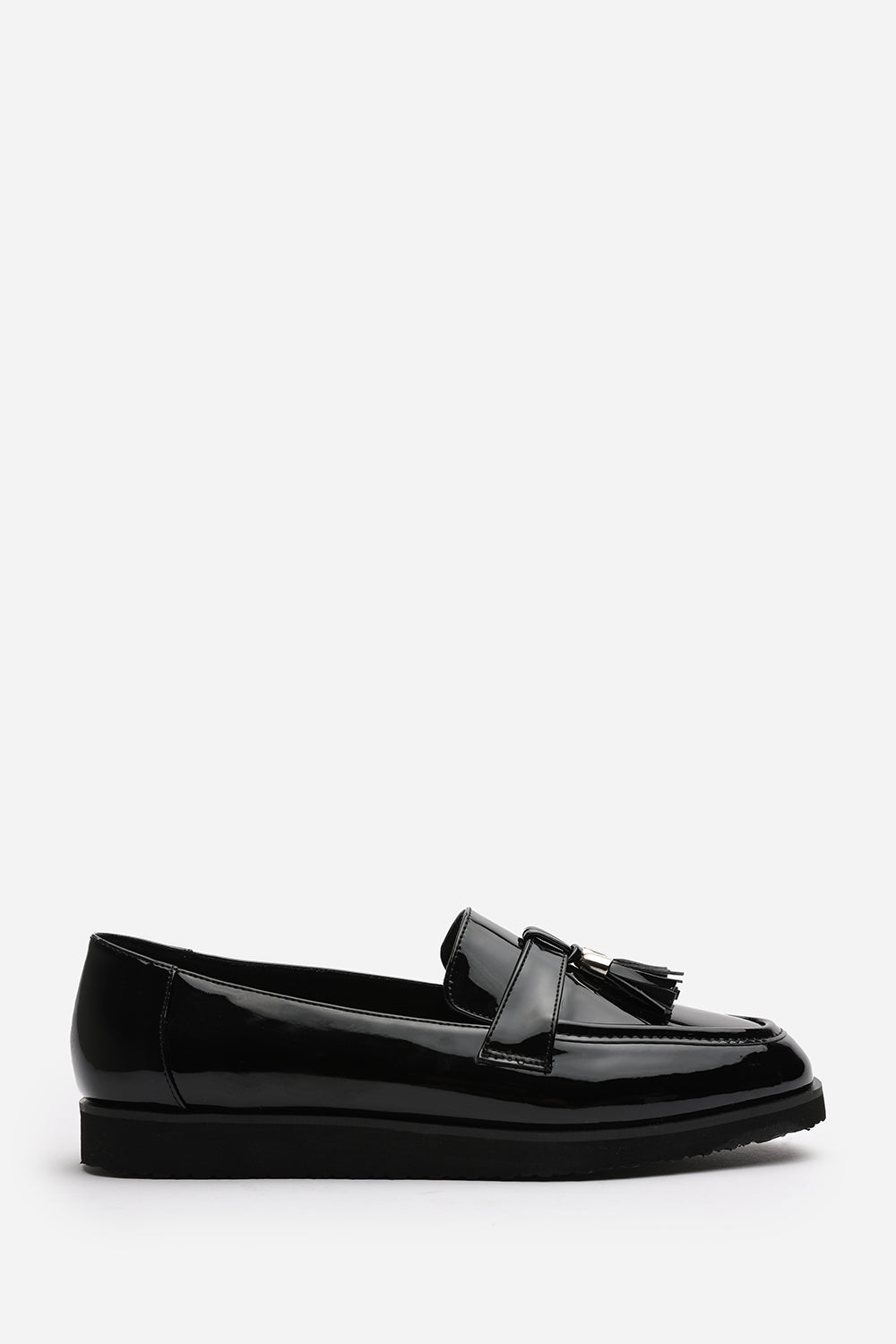 Kennedy Extra Wide Fit Tasseled Loafers in Black Patent Finish