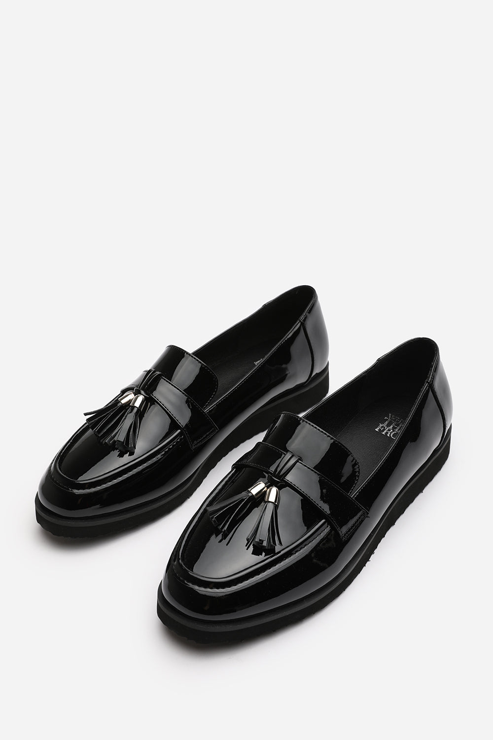 Kennedy Wide Fit Tasseled Loafers in Black Patent Finish