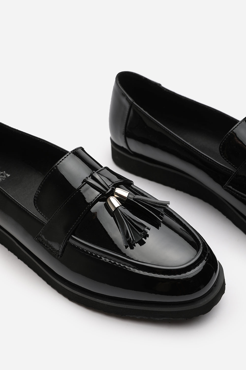 Kennedy Extra Wide Fit Tasseled Loafers in Black Patent Finish