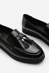 Kennedy Extra Wide Fit Tasseled Loafers in Black Patent Finish
