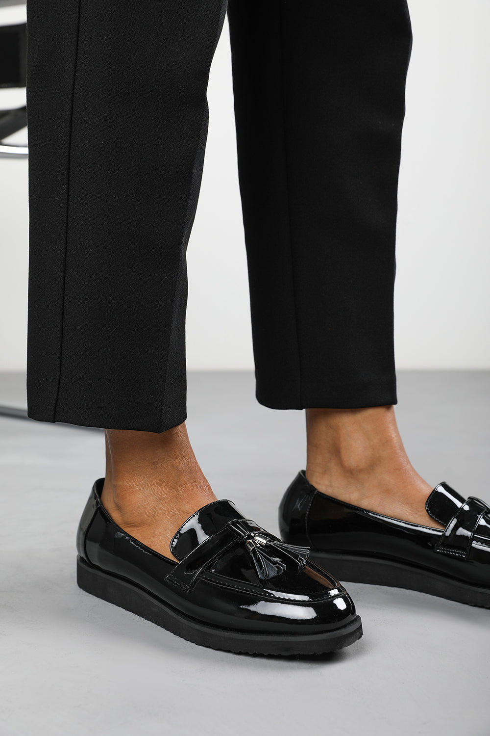 Kennedy Wide Fit Tasseled Loafers in Black Patent Finish