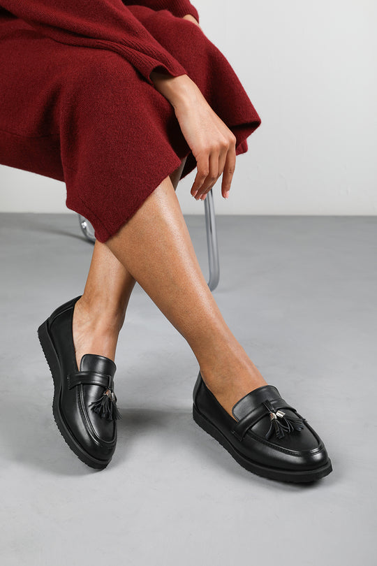 Kennedy Tasseled Loafers in Black Faux Leather