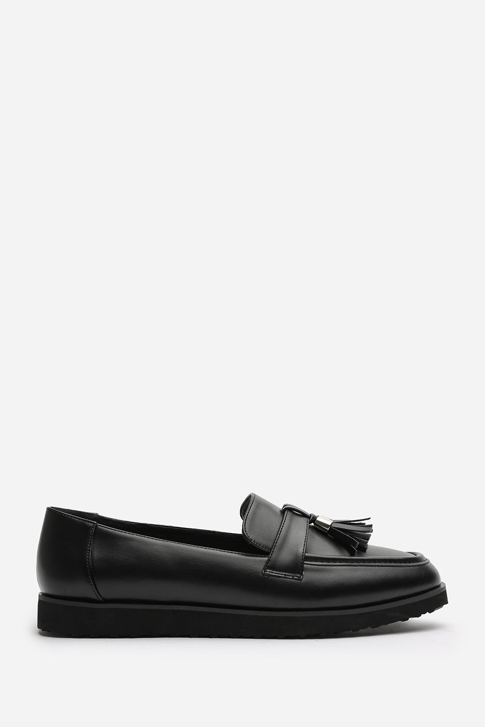 Kennedy Extra Wide Fit Tasseled Loafers in Black Faux Leather