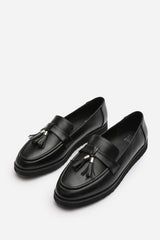 Kennedy Extra Wide Fit Tasseled Loafers in Black Faux Leather