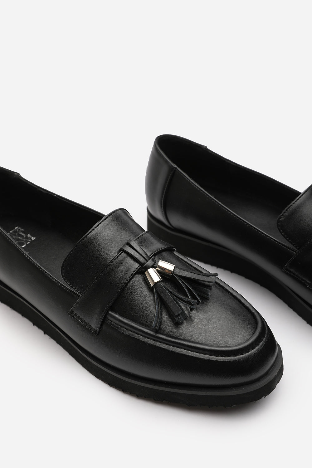 Kennedy Extra Wide Fit Tasseled Loafers in Black Faux Leather
