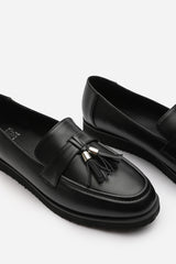 Kennedy Extra Wide Fit Tasseled Loafers in Black Faux Leather