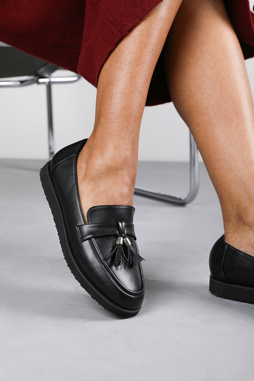 Kennedy Extra Wide Fit Tasseled Loafers in Black Faux Leather