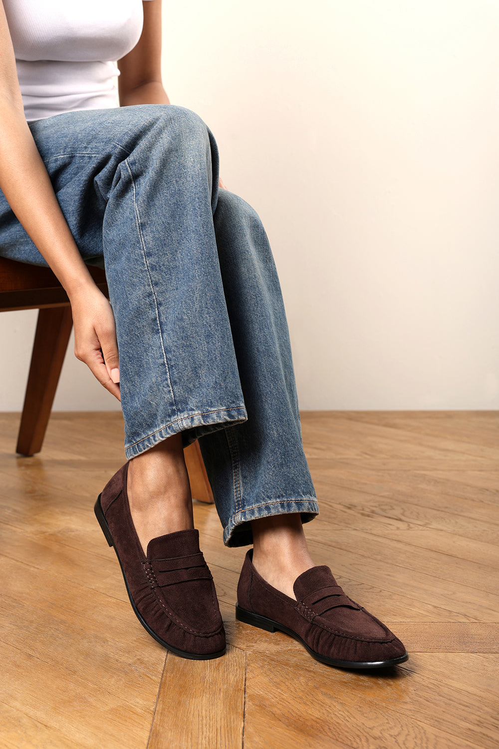 Charleigh Ruched Detail Flat Penny Loafers in Brown Suede