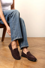 Charleigh Ruched Detail Flat Penny Loafers in Brown Suede