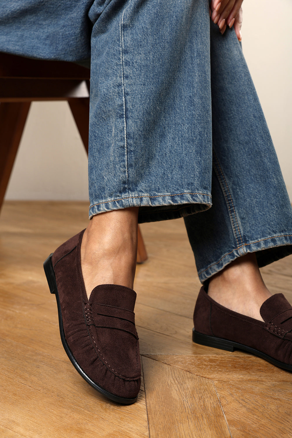 Charleigh Ruched Detail Flat Penny Loafers in Brown Suede