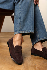 Charleigh Wide Fit Ruched Detail Flat Penny Loafers in Brown Suede