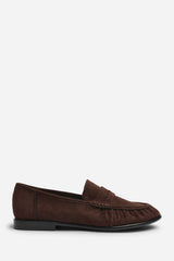 Charleigh Ruched Detail Flat Penny Loafers in Brown Suede