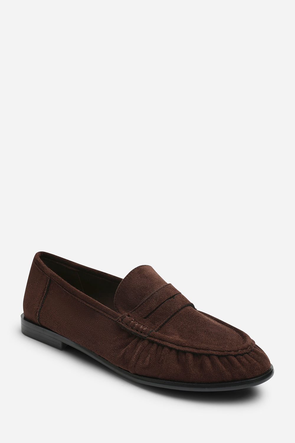 Charleigh Wide Fit Ruched Detail Flat Penny Loafers in Brown Suede