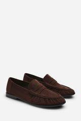 Charleigh Ruched Detail Flat Penny Loafers in Brown Suede