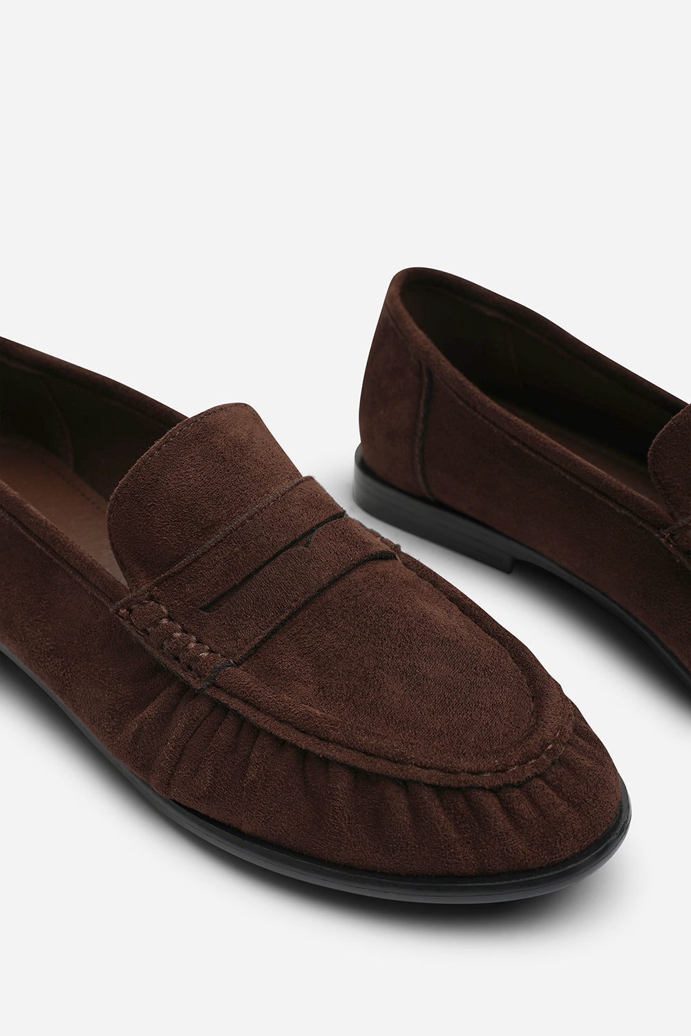 Charleigh Ruched Detail Flat Penny Loafers in Brown Suede
