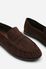 Charleigh Ruched Detail Flat Penny Loafers in Brown Suede