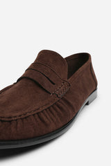 Charleigh Wide Fit Ruched Detail Flat Penny Loafers in Brown Suede