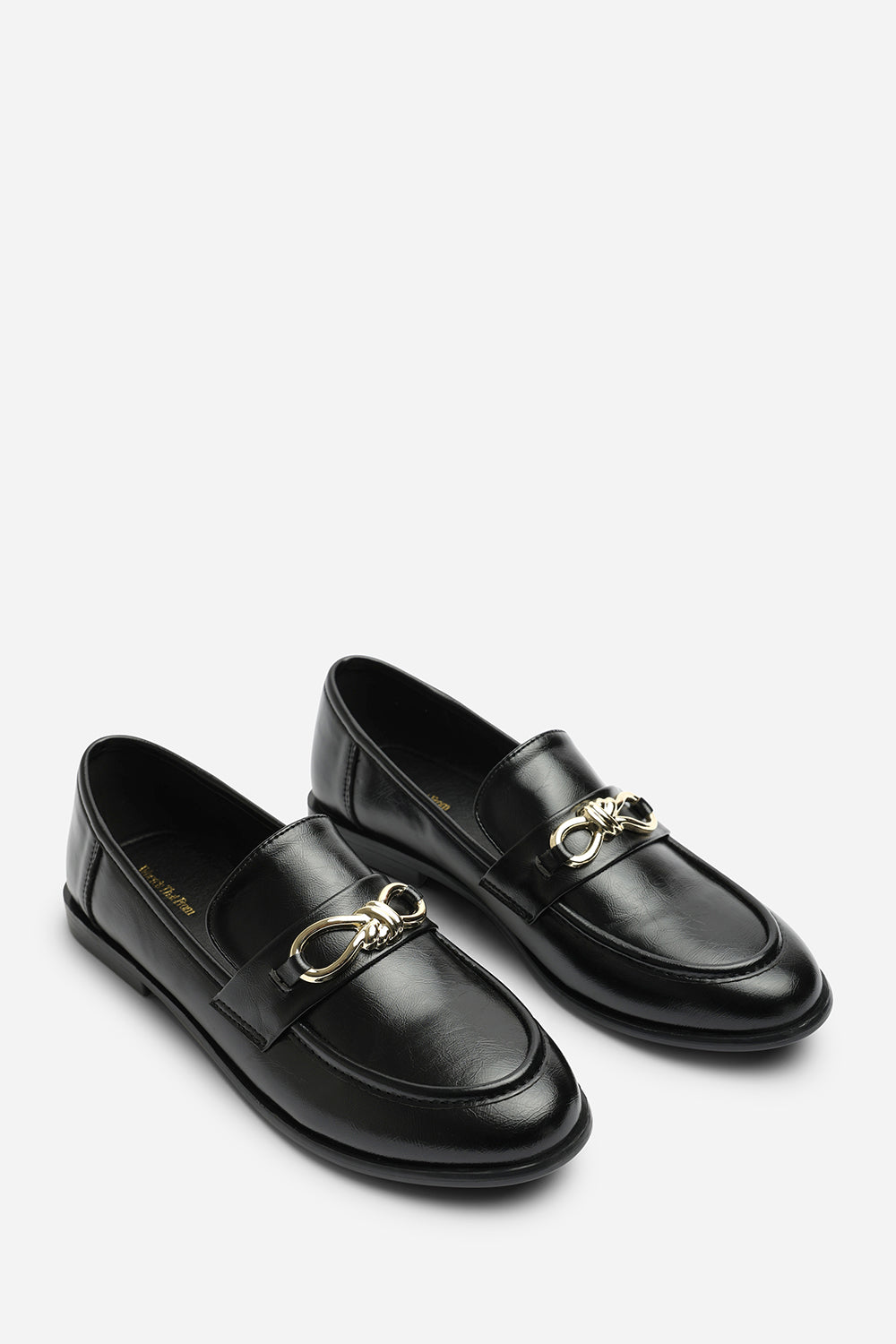 Ovella Wide Fit Girl's School Shoe Knot Trim Hardware Detail Flat Loafers