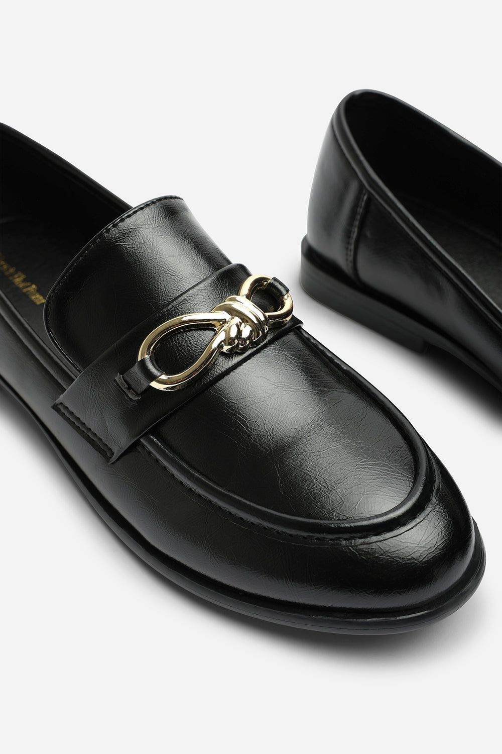 Ovella Wide Fit Girl's School Shoe Knot Trim Hardware Detail Flat Loafers