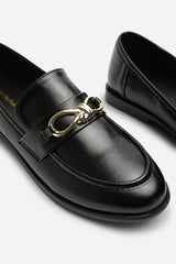 Ovella Wide Fit Girl's School Shoe Knot Trim Hardware Detail Flat Loafers