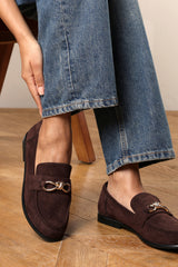 Freyja Wide Fit Knot Trim Hardware Detail Flat Loafers in Brown Suede