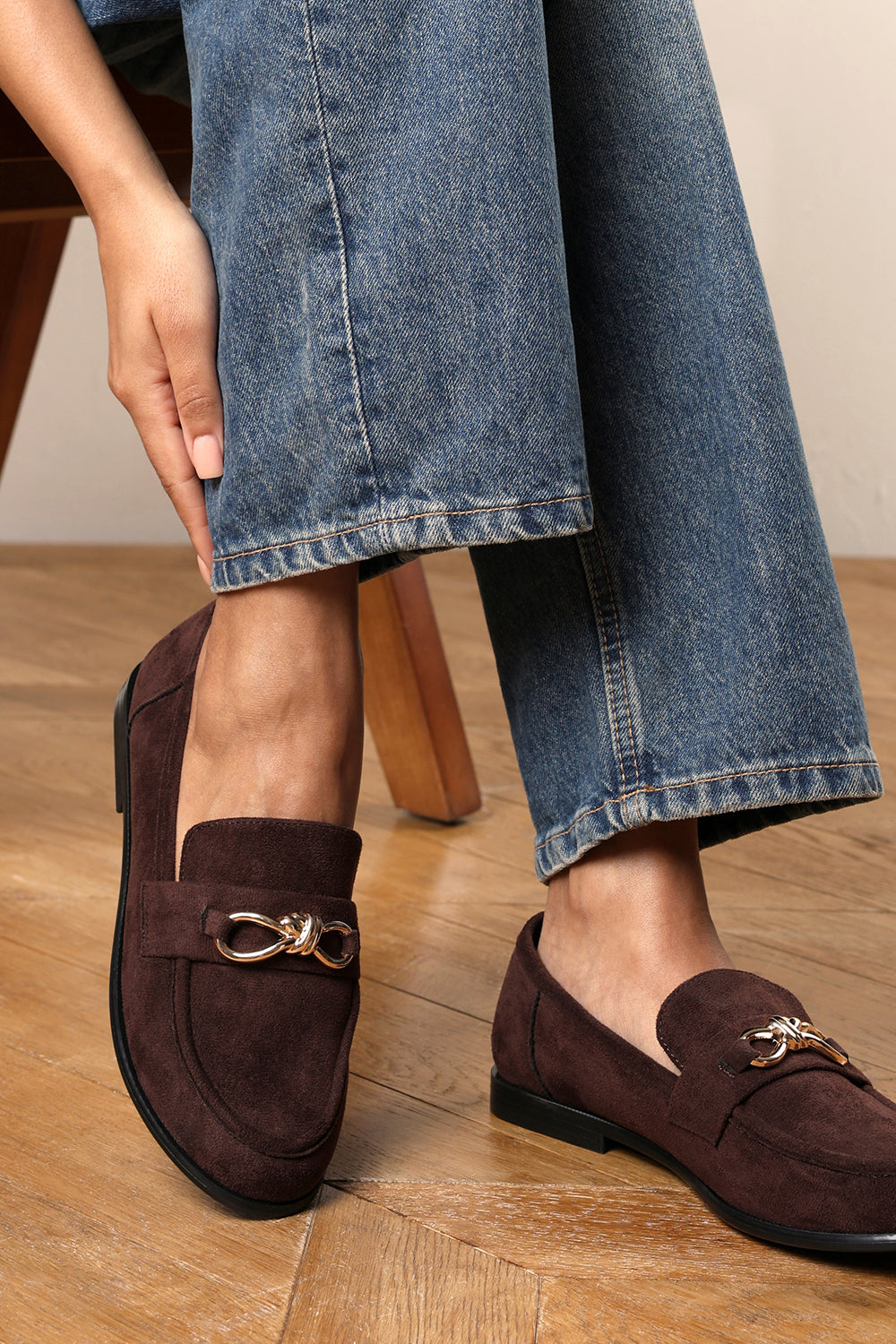 Freyja Knot Trim Hardware Detail Flat Loafers in Brown Suede
