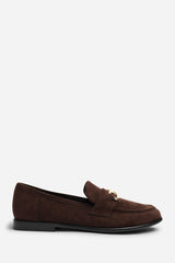 Freyja Wide Fit Knot Trim Hardware Detail Flat Loafers in Brown Suede