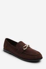 Freyja Wide Fit Knot Trim Hardware Detail Flat Loafers in Brown Suede