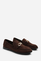 Freyja Knot Trim Hardware Detail Flat Loafers in Brown Suede