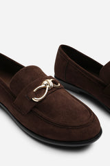 Freyja Wide Fit Knot Trim Hardware Detail Flat Loafers in Brown Suede