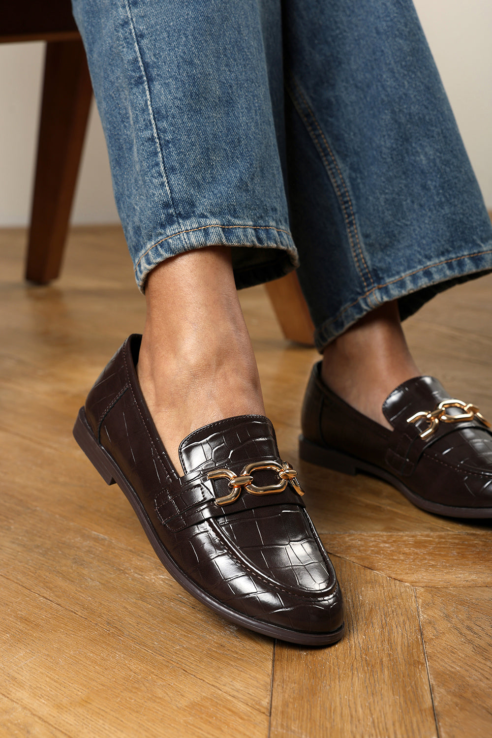 Lettie Wide Fit Chain Trim Detail Flat Loafers in Brown Croc