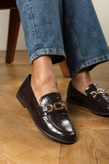 Lettie Wide Fit Chain Trim Detail Flat Loafers in Brown Croc