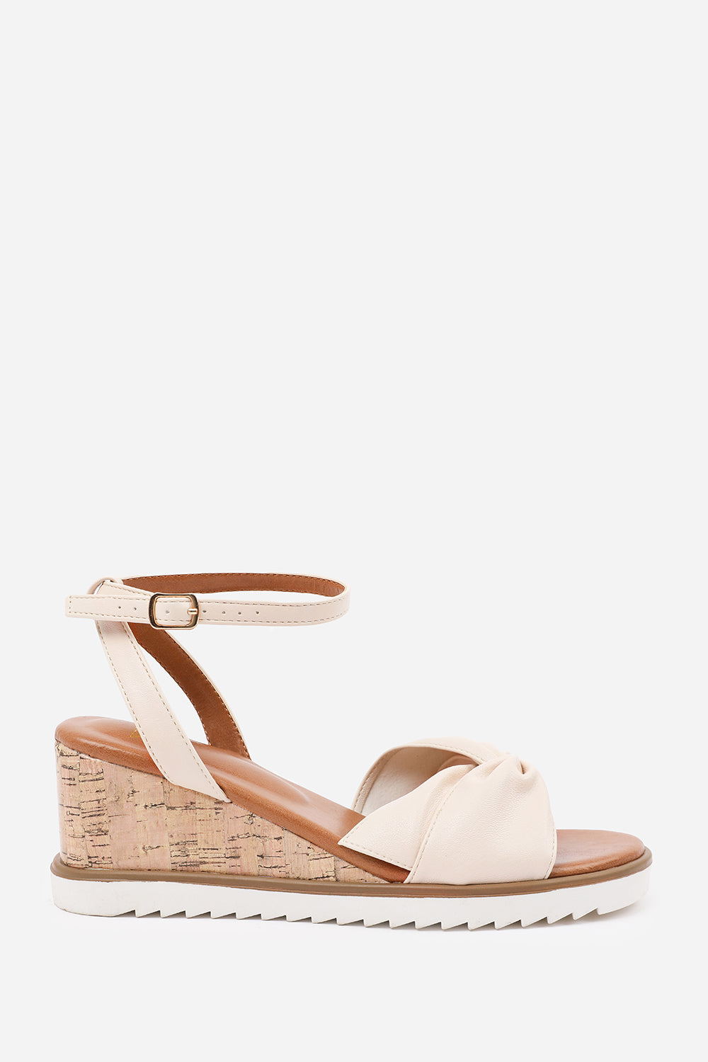 KATARA KNOT DETAIL WEDGE SHOES WITH BUCKLE ANKLE STRAP IN CREAM PU