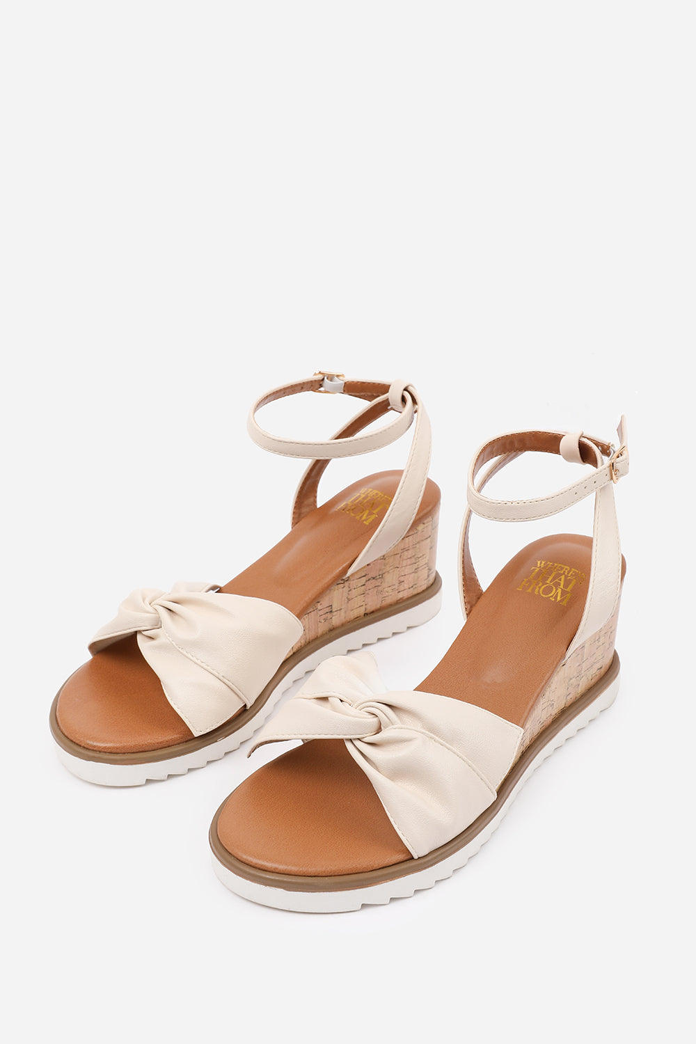 KATARA WIDE FIT KNOT DETAIL WEDGE SHOES WITH BUCKLE ANKLE STRAP IN CREAM PU