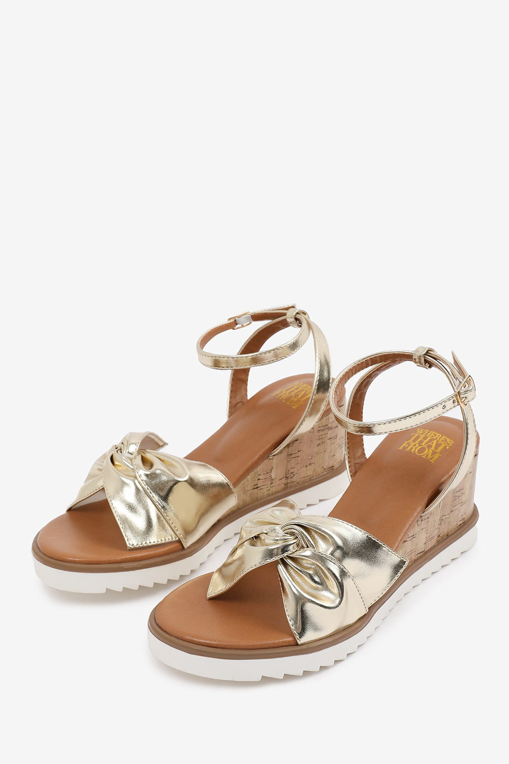 KATARA KNOT DETAIL WEDGE SHOES WITH BUCKLE ANKLE STRAP IN GOLD METALLIC PU