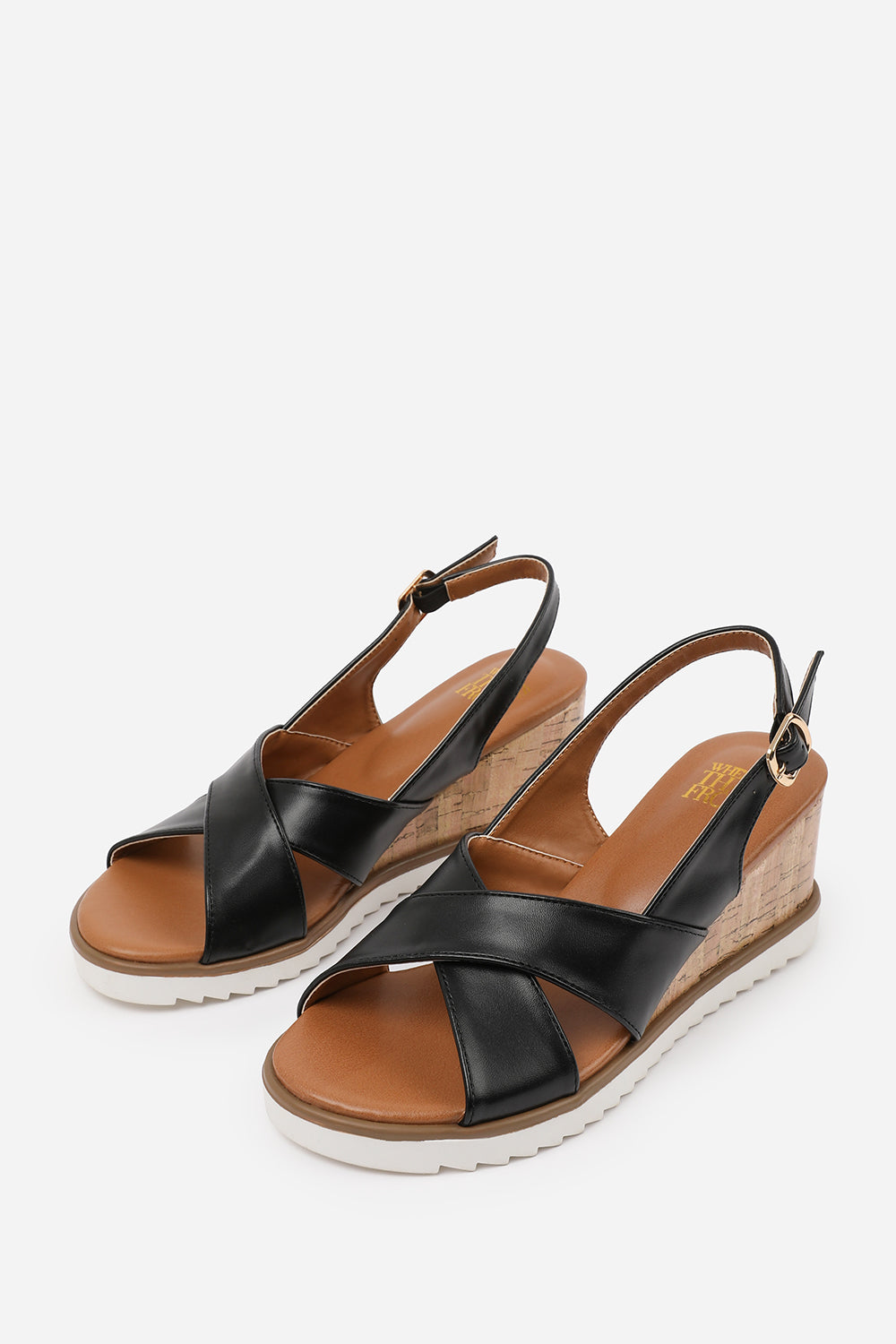 QWEEN CROSS OVER STRAP DETAIL WEDGE SHOES WITH BUCKLE CLOSURE IN BLACK PU